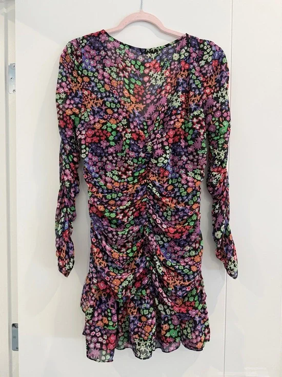 Zara Multicolor Floral Long Sleeve Ruched Dress - Picture 3 of 7